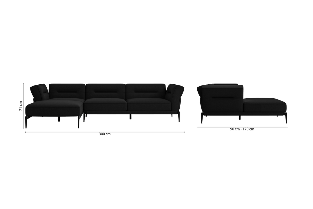 Acerra 3 Seater Left Hand Facing Chaise Lounge Corner Sofa Black Linen Fabric