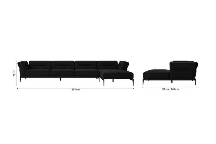 Acerra 4 Seater Right Hand Facing Chaise Lounge Corner Sofa Black Linen Fabric