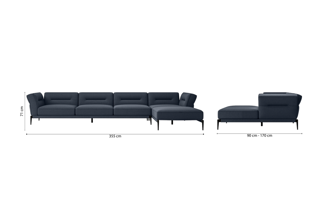 Acerra 4 Seater Right Hand Facing Chaise Lounge Corner Sofa Dark Blue Linen Fabric