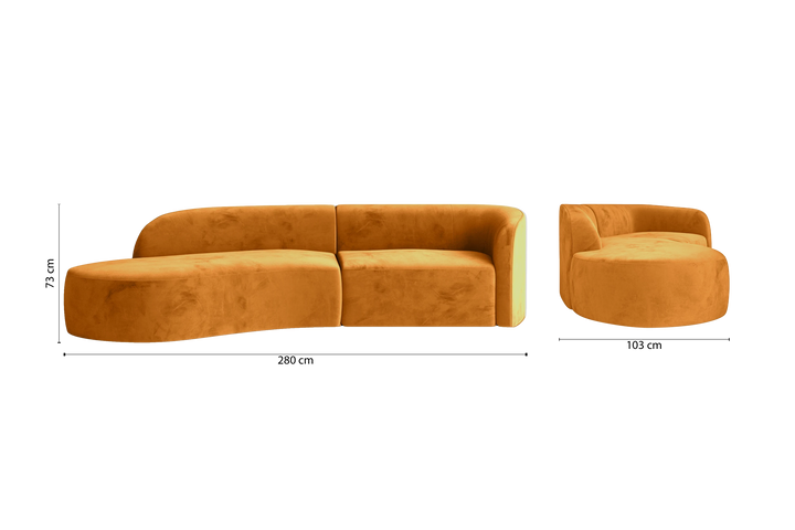 Caserta 3 Seater Left Hand Facing Chaise Lounge Corner Sofa Gold Velvet