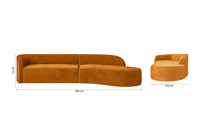 Caserta 4 Seater Right Hand Facing Chaise Lounge Corner Sofa Gold Velvet