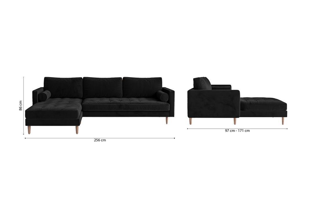 Gela 3 Seater Left Hand Facing Chaise Lounge Corner Sofa Black Velvet