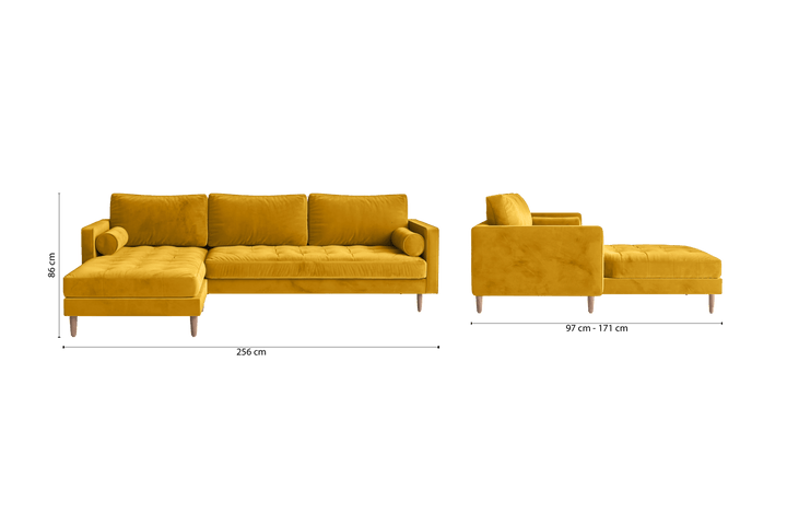 Gela 3 Seater Left Hand Facing Chaise Lounge Corner Sofa Yellow Velvet