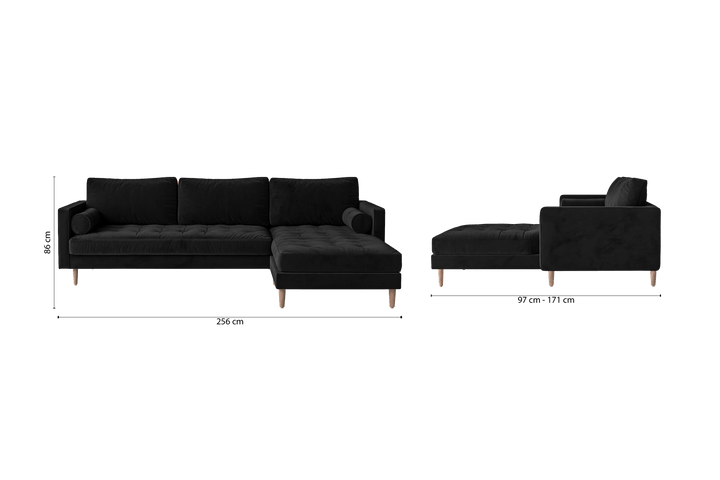 Gela 3 Seater Right Hand Facing Chaise Lounge Corner Sofa Black Velvet