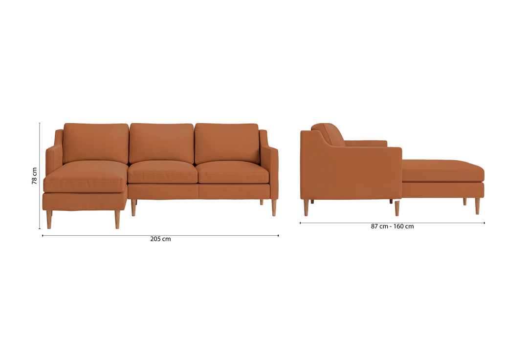 Greco 3 Seater Left Hand Facing Chaise Lounge Corner Sofa Tan Brown Leather