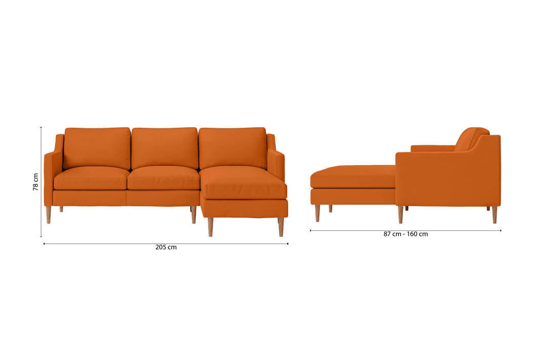 Greco 3 Seater Right Hand Facing Chaise Lounge Corner Sofa Orange Leather