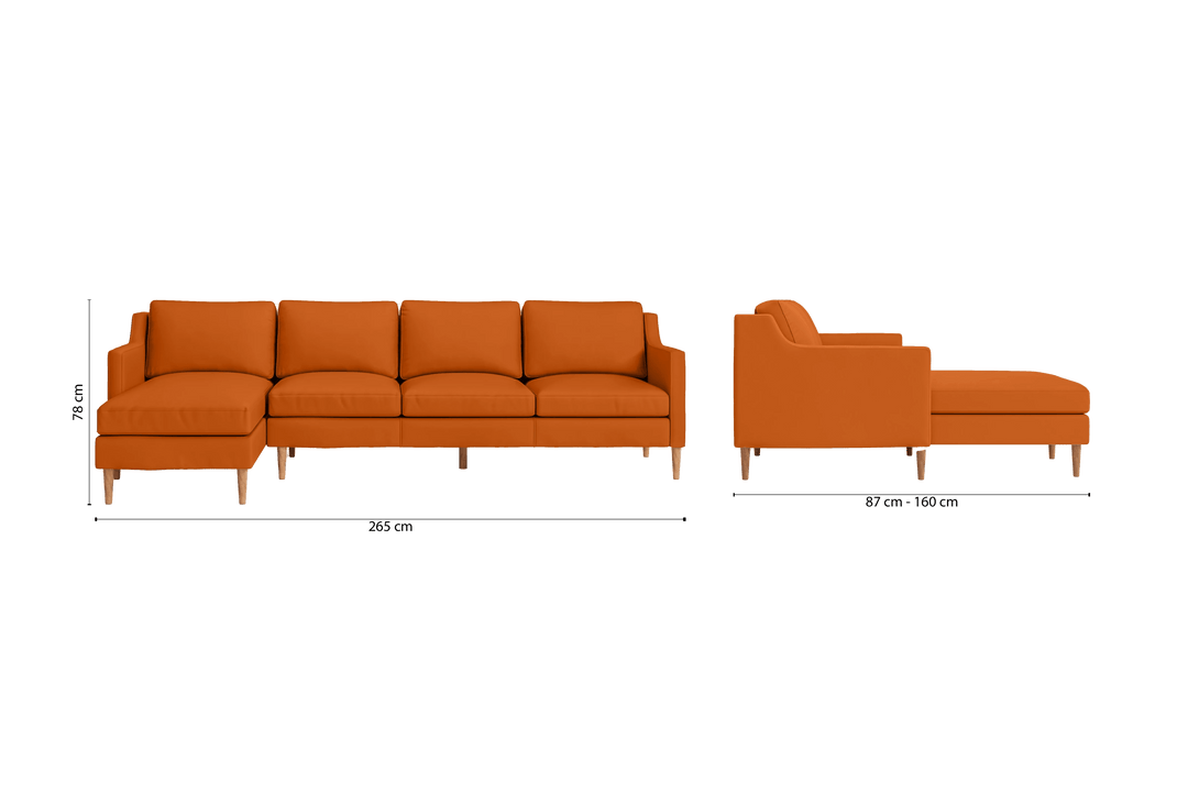 Greco 4 Seater Left Hand Facing Chaise Lounge Corner Sofa Orange Leather