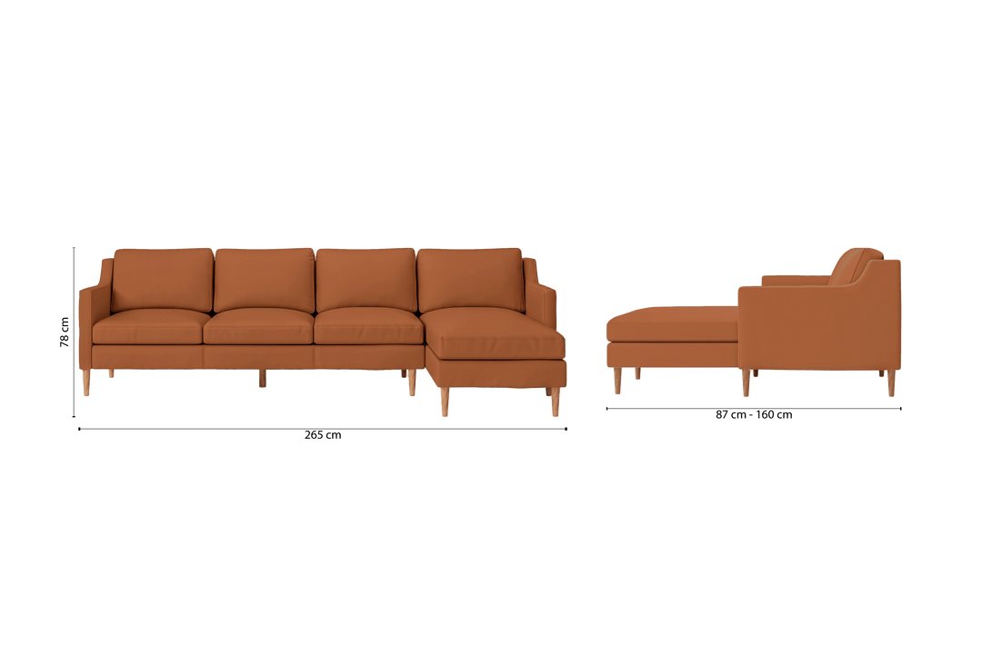 Greco 4 Seater Right Hand Facing Chaise Lounge Corner Sofa Tan Brown Leather
