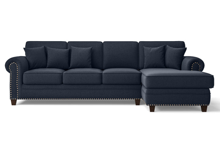 Marano 4 Seater Right Hand Facing Chaise Lounge Corner Sofa Dark Blue Linen Fabric