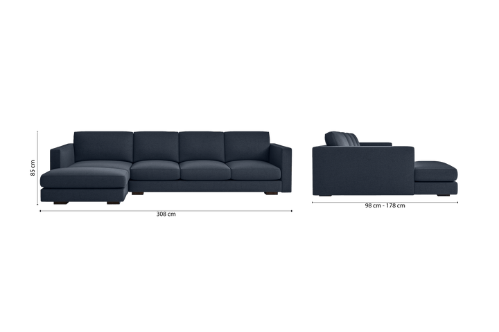 Messina 4 Seater Left Hand Facing Chaise Lounge Corner Sofa Dark Blue Linen Fabric