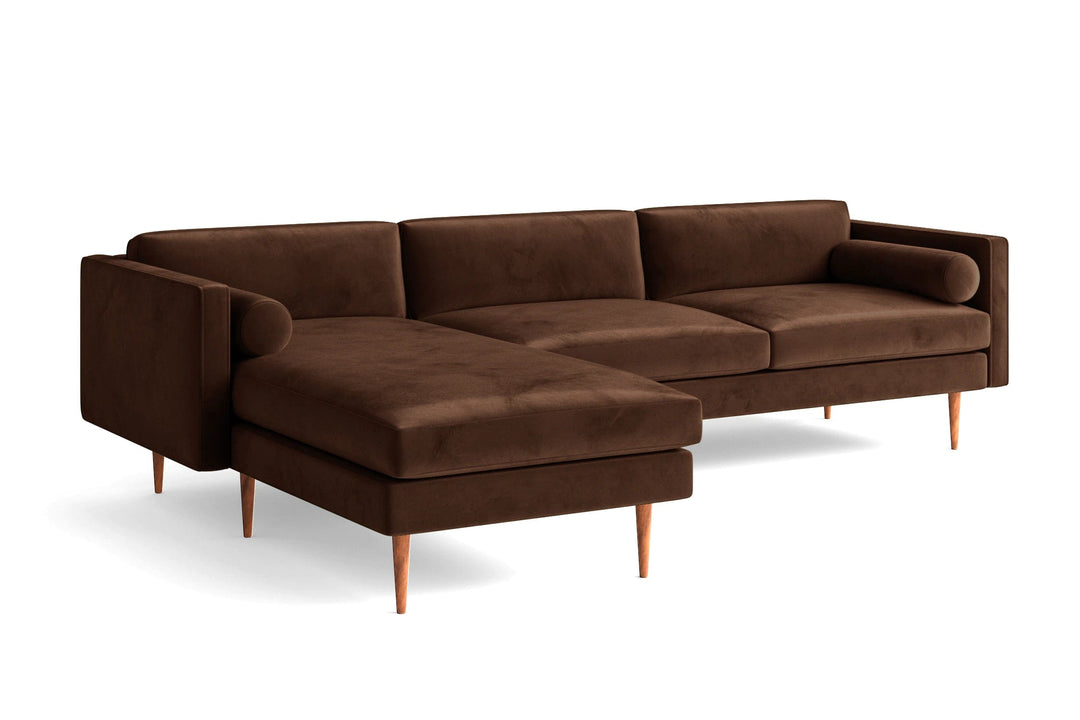 LIVELUSSO Chaise Lounge Sofa Salerno 3 Seater Left Hand Facing Chaise Lounge Corner Sofa Coffee Brown Velvet