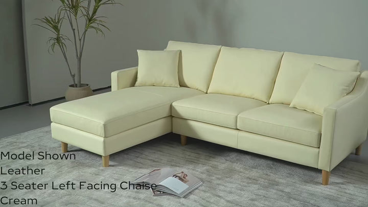 Greco 3 Seater Right Hand Facing Chaise Lounge Corner Sofa Cream Leather